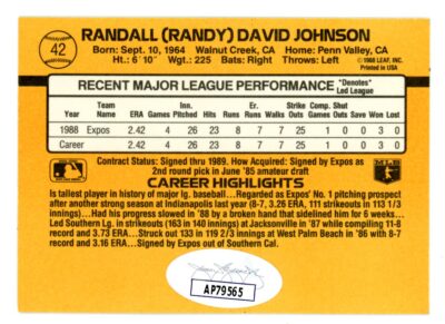 1989 Donruss Autographed #42 Randy Johnson Rookie Card with COA - Image 2